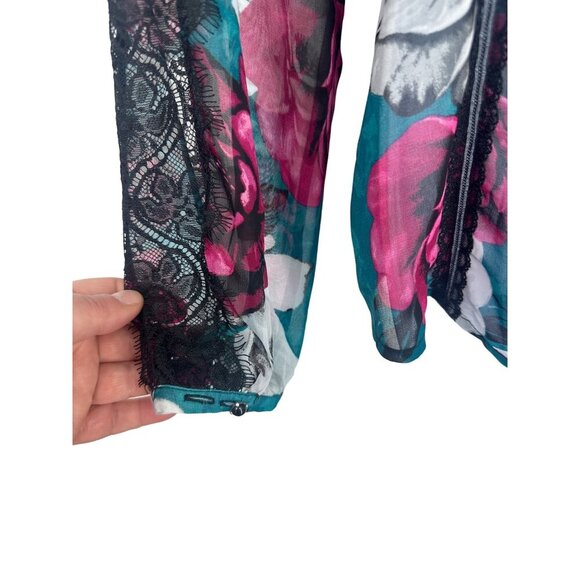 White House Black Market Womens Green Red Floral Lace Trim Sheer Blouse Size M - Picture 6 of 10